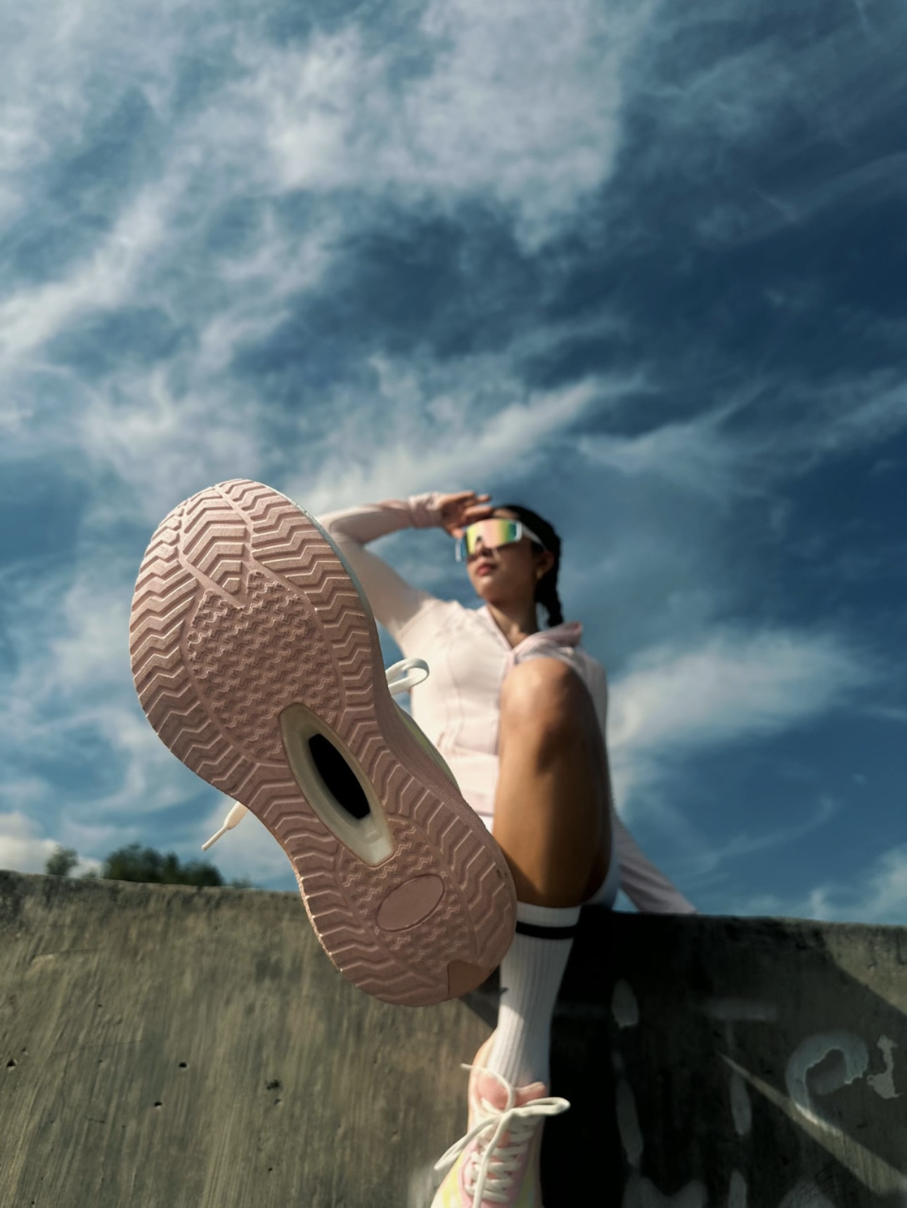 Hawkwell footwear editorial — low-angle sky composition